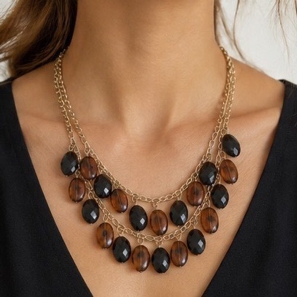 Gold Tone Double Layered Bib Statement Necklace Black & Faux Tortoise Faceted